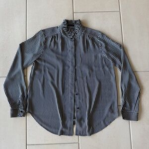 Ann Taylor Women's Navy and White Striped Button-Down Shirt - S